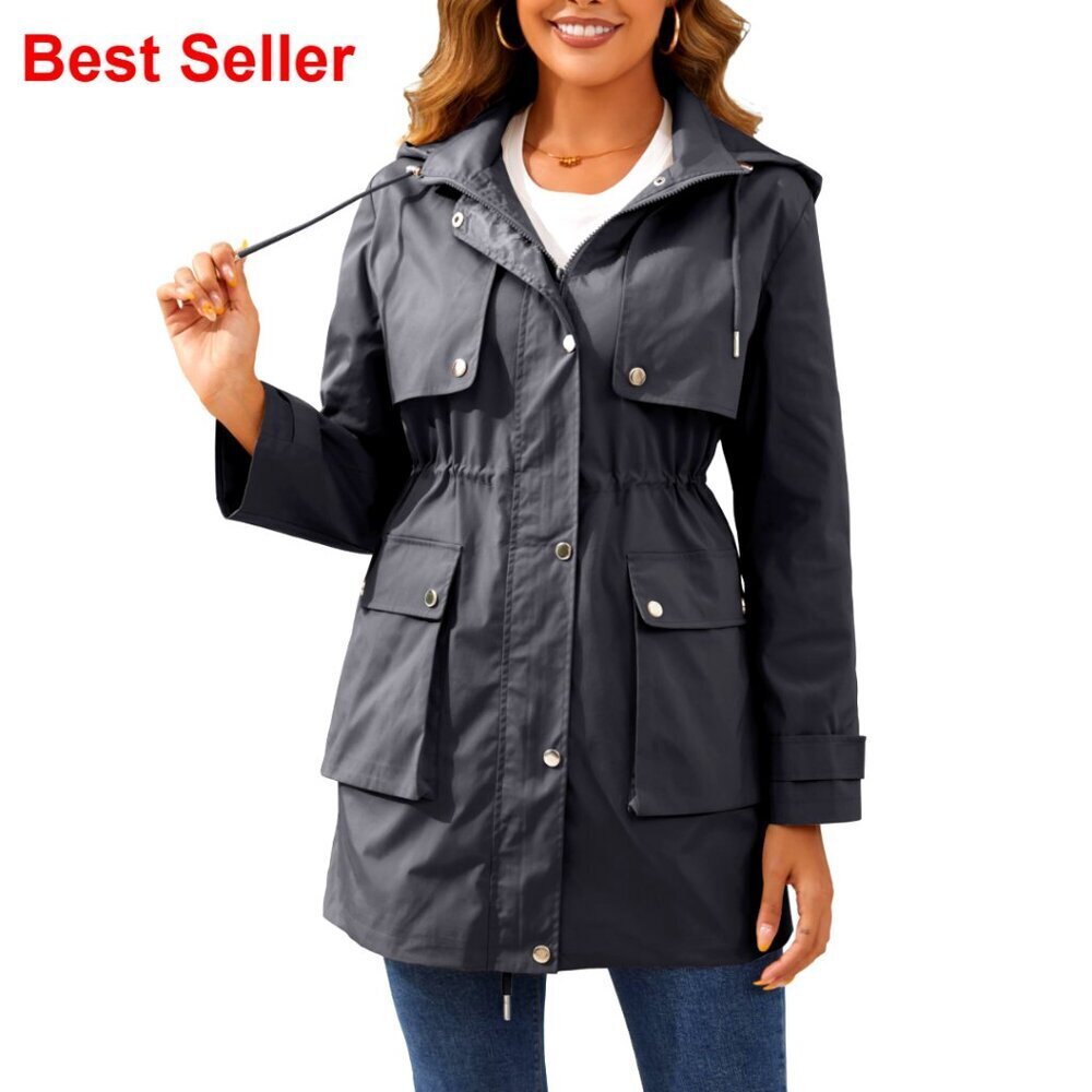 Waterproof Long Rain Jacket Lightweight Raincoat Lined Windbreaker Trench Coat
